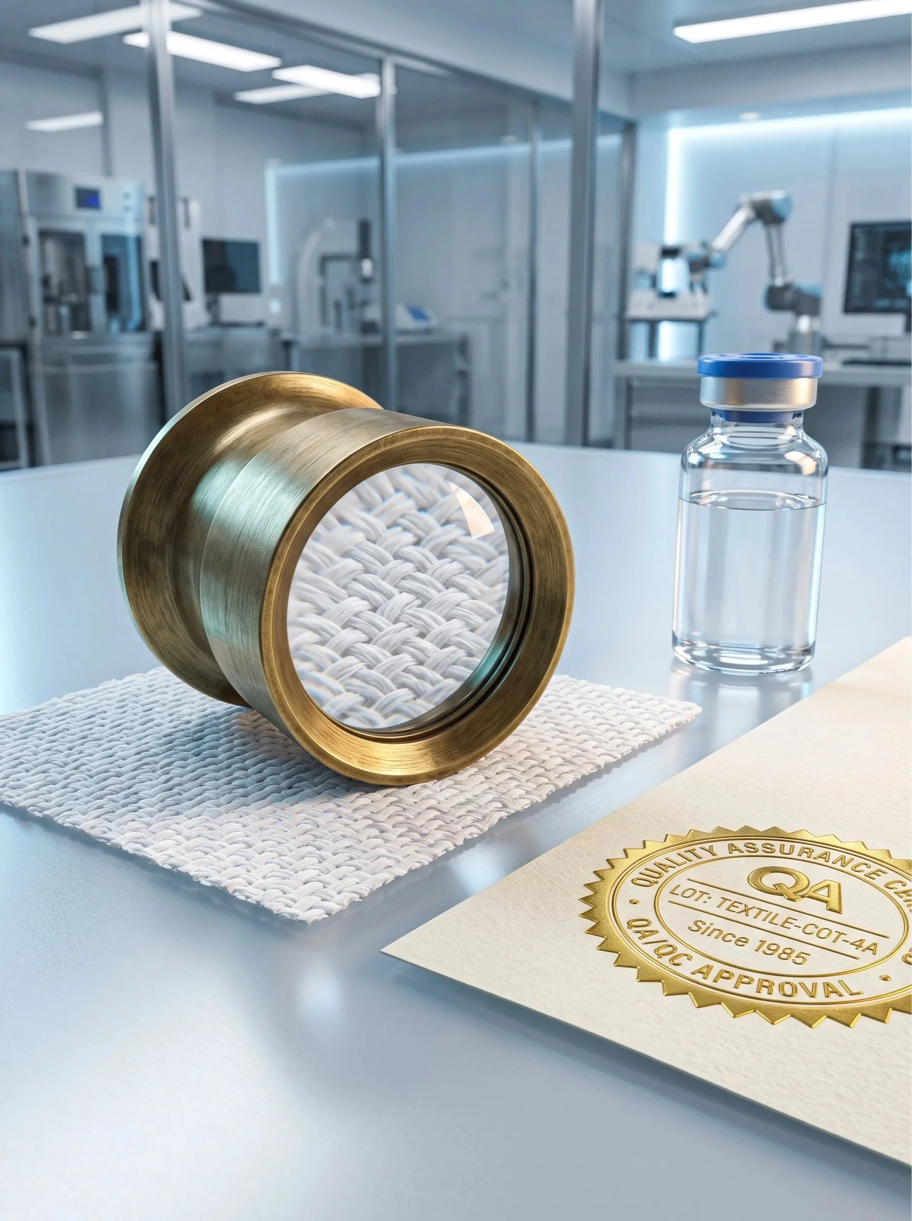 A laboratory scene with a transparent vial filled with clear liquid, a gold-colored round container filled with white textured textile material, and a quality assurance certification document with a gold seal on a white surface. The background shows advanced laboratory equipment and machines in a clean, modern laboratory setting.