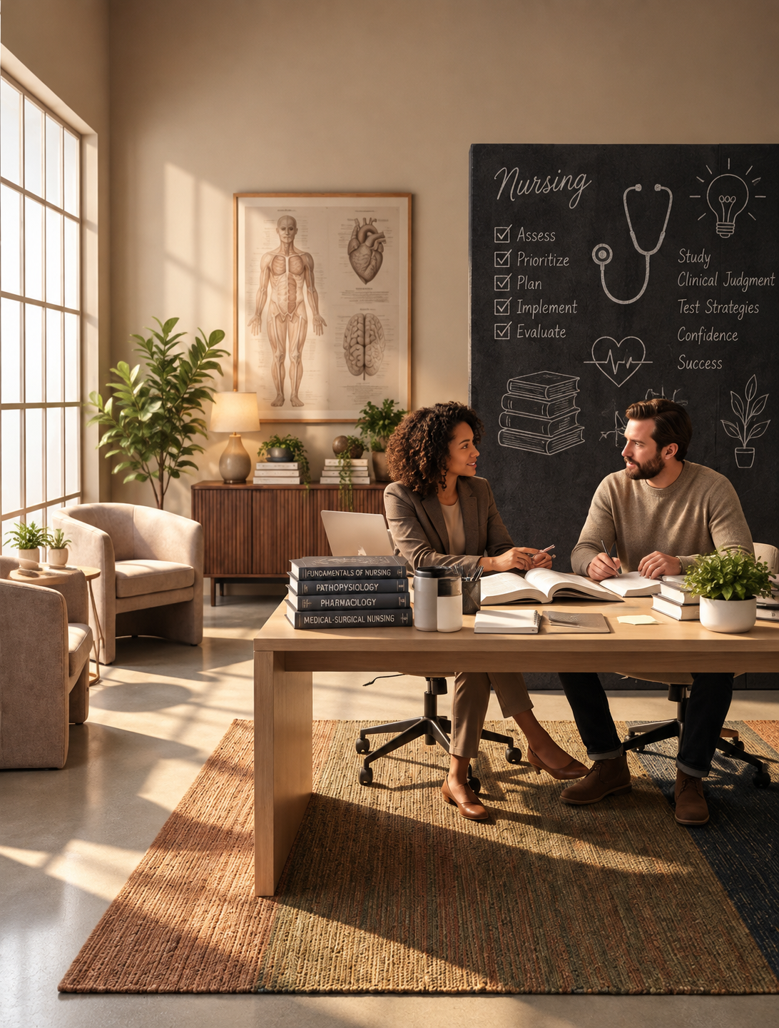 A warm, professional nursing tutoring space featuring collaborative learning, nursing resources, and visual cues emphasizing clinical judgment, confidence, and academic success.
