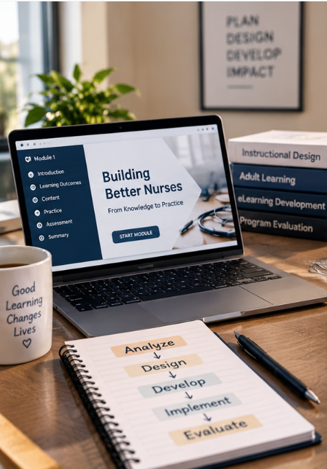 Open laptop displaying a website called 'Building Better Nurses' on a wooden desk. Next to the laptop, there are stacked books on instructional design, adult learning, learning development, and program evaluation. A notebook with a flowchart from Analyze to Evaluate, and a pen are also on the desk. In the background, there is a motivational poster with the words 'Plan, Design, Develop, Impact' and a plant.
