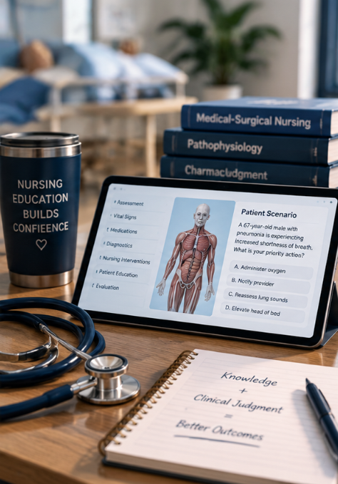 Nursing education setup with a tablet displaying human anatomy and patient scenario, stacks of medical books, a stethoscope, and handwritten notes on clinical judgment and outcomes.