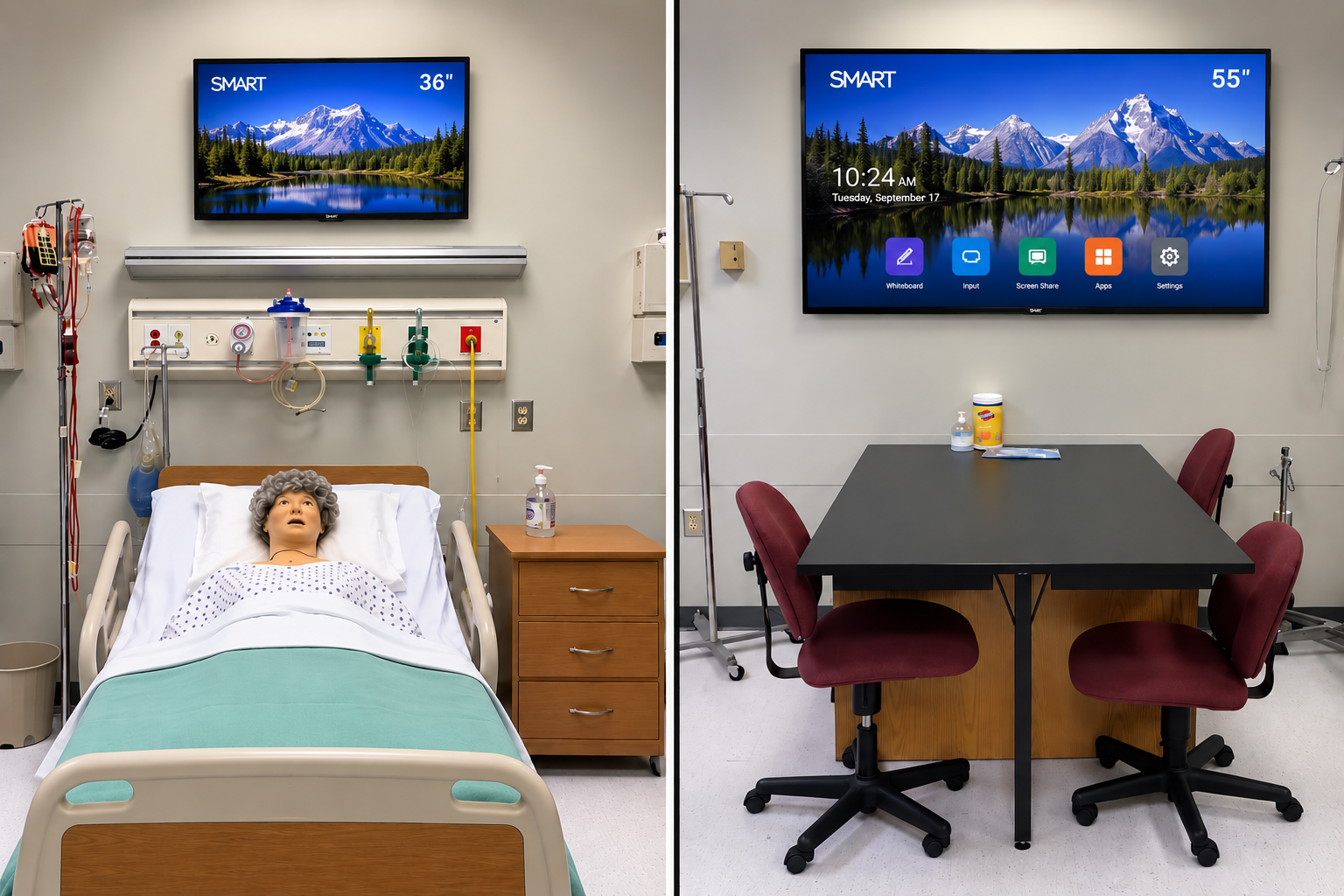 AI mock up of what the room would look like with televisions installed over hospital bed and education table in an Adult Skills lab.