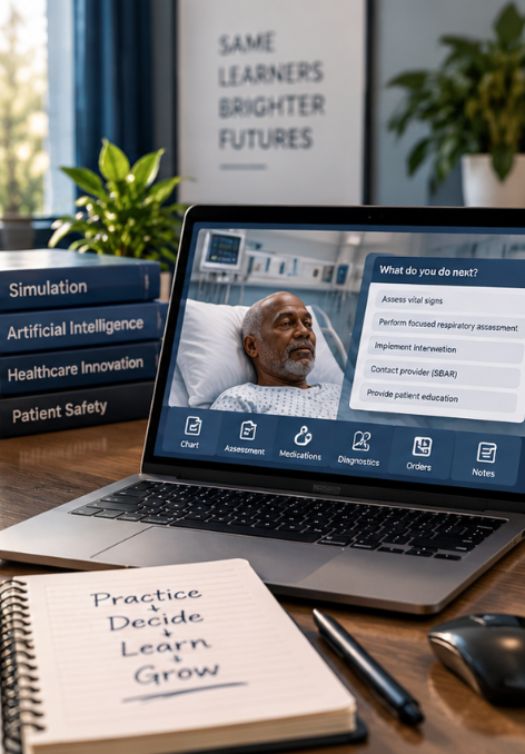 Laptop displaying a medical assessment interface with an elderly patient on the screen, surrounded by healthcare books, a notebook with the words 'Practice, Decide, Learn, Grow,' a pen, and a mouse on a wooden desk, with a backdrop of plants and a motivational poster in the background.