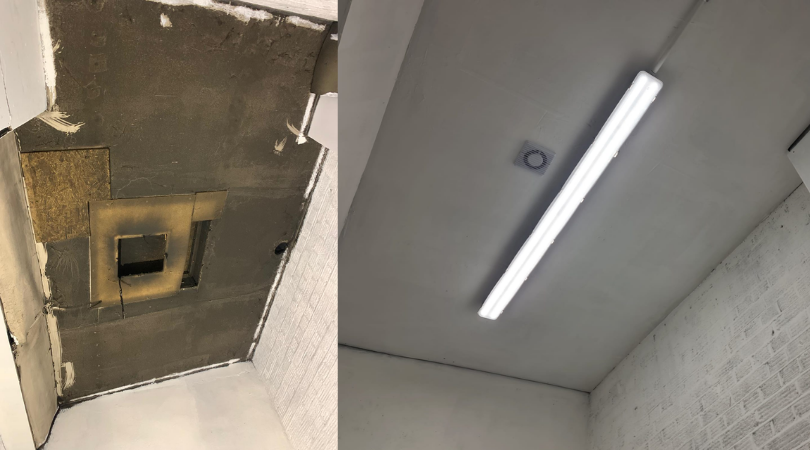 Comparison of an unfinished ceiling with a square opening and a completed ceiling with a fluorescent light fixture.
