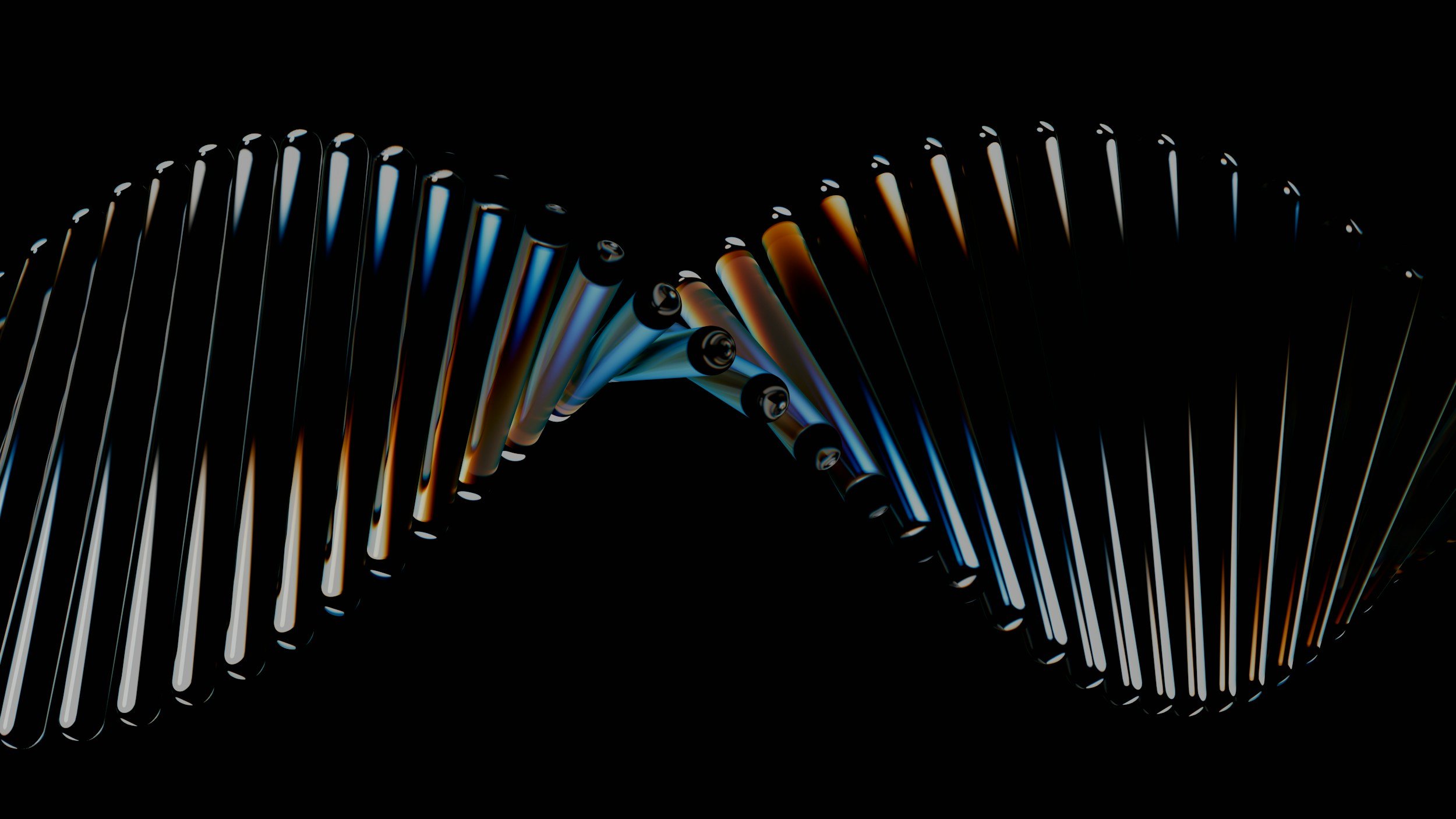 Close-up of a glowing DNA double helix structure against a black background.