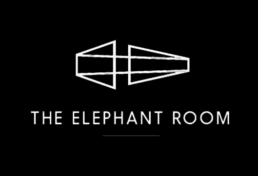 Logo for The Elephant Room featuring geometric elephant head outline on a black background.