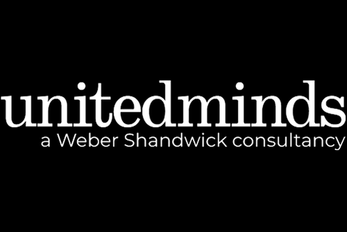 United Minds logo with white text on black background, with the words "a Weber Shandwick consultancy" underneath.