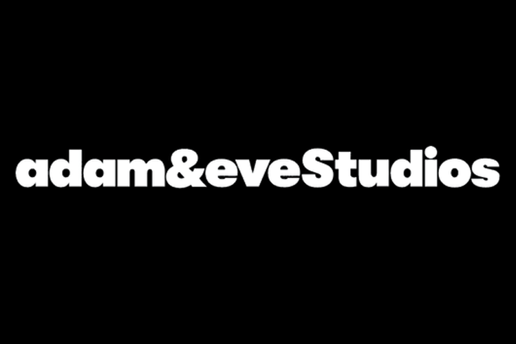 Logo with the text 'adam&eveStudios' in bold white font on a black background.