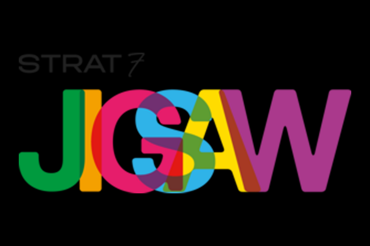 Colorful overlapping letters spelling 'JCSW' with 'STRAT 7' above, on a black background.