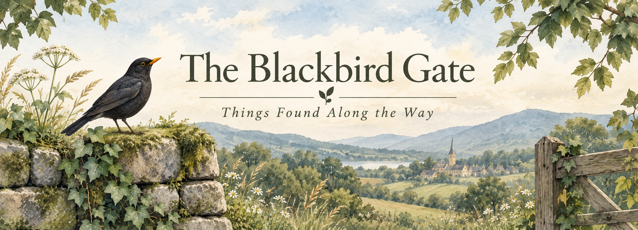 The Blackbird Gate banner image of a blackbird sitting on an old stone wall overlooking a countryside scene.