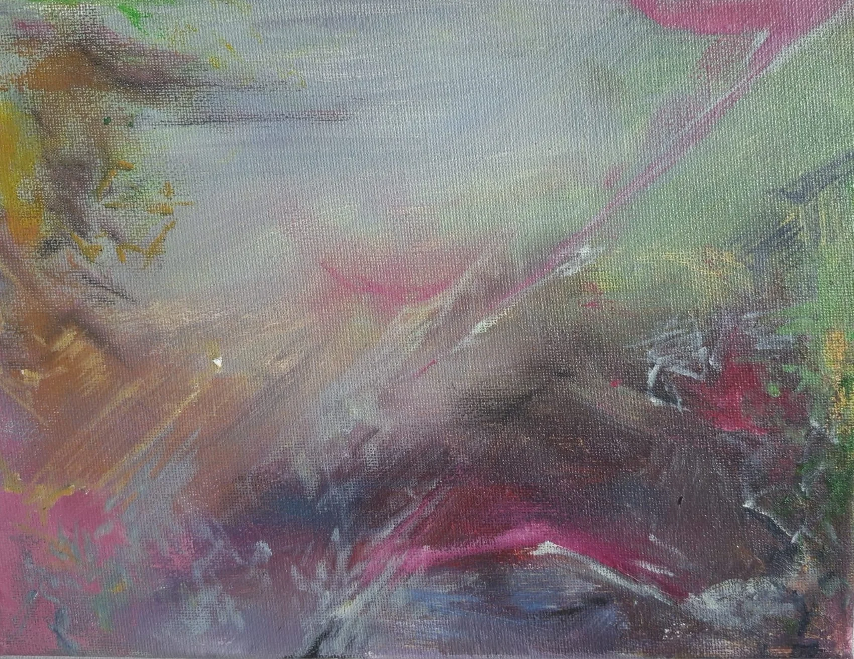 Abstract watercolor painting with soft pastel colors including pink, purple, green, yellow, and black, with visible brush strokes and blending.