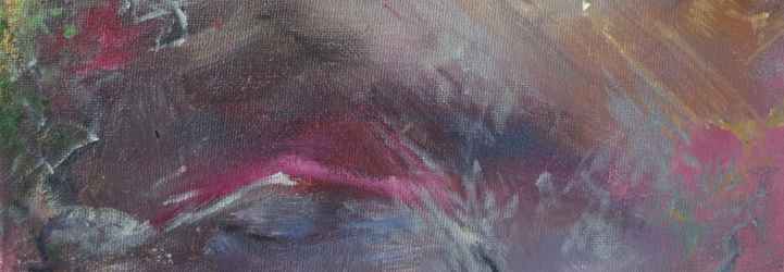 Close-up of an abstract painting with pink, purple, gray, and yellow brushstrokes.