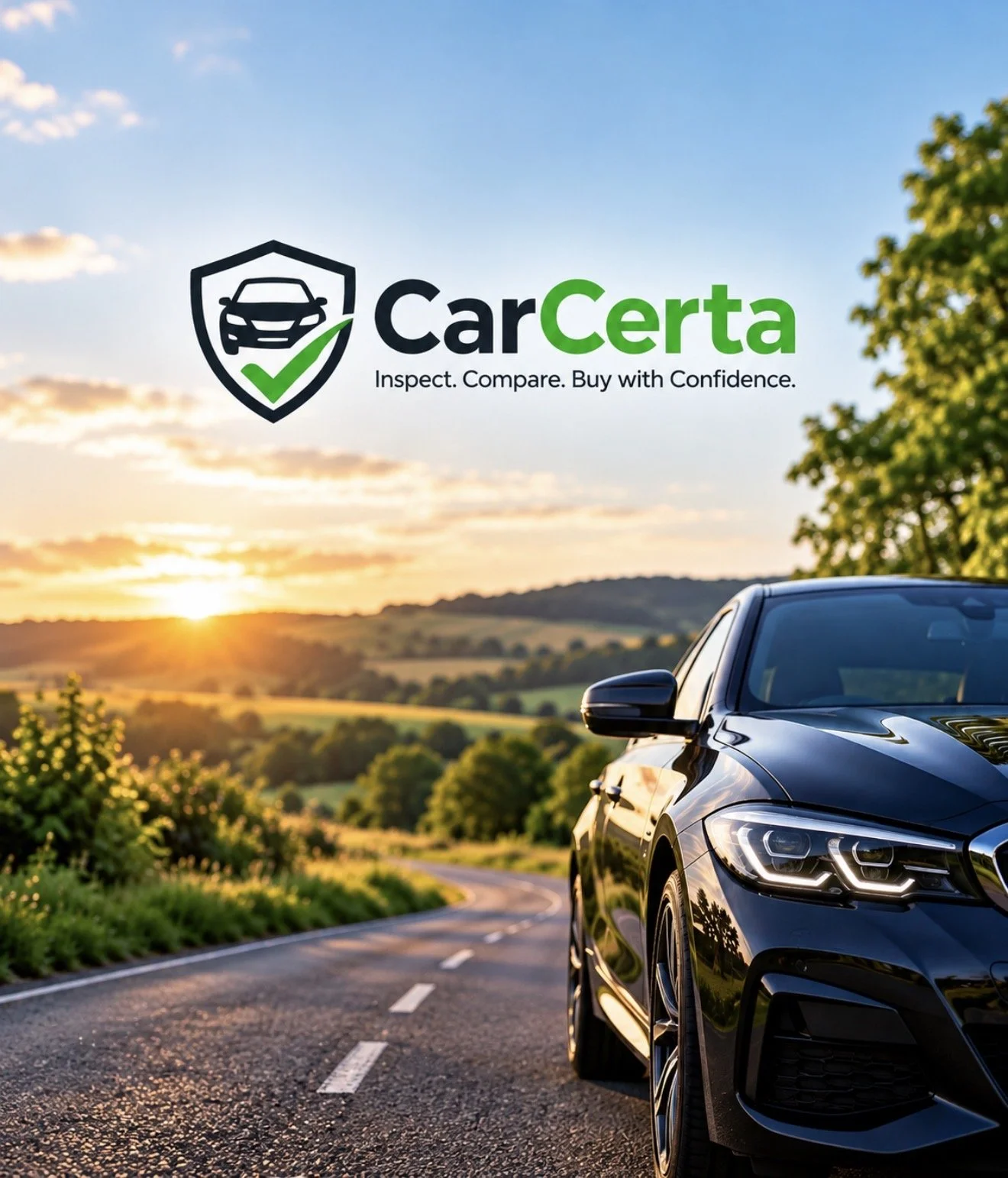 CarCerta logo beside a black car on a countryside road in the sunset