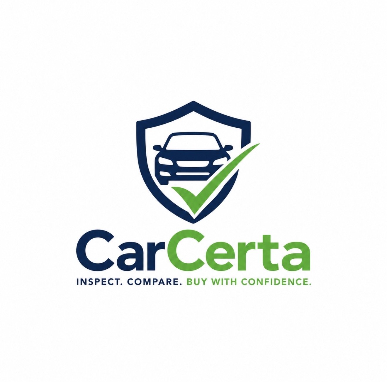 Logo of CarCerta, featuring a shield with a car icon and a green check mark, accompanied by the text 'CarCerta' and the tagline 'Inspect. Compare. Buy with Confidence.'