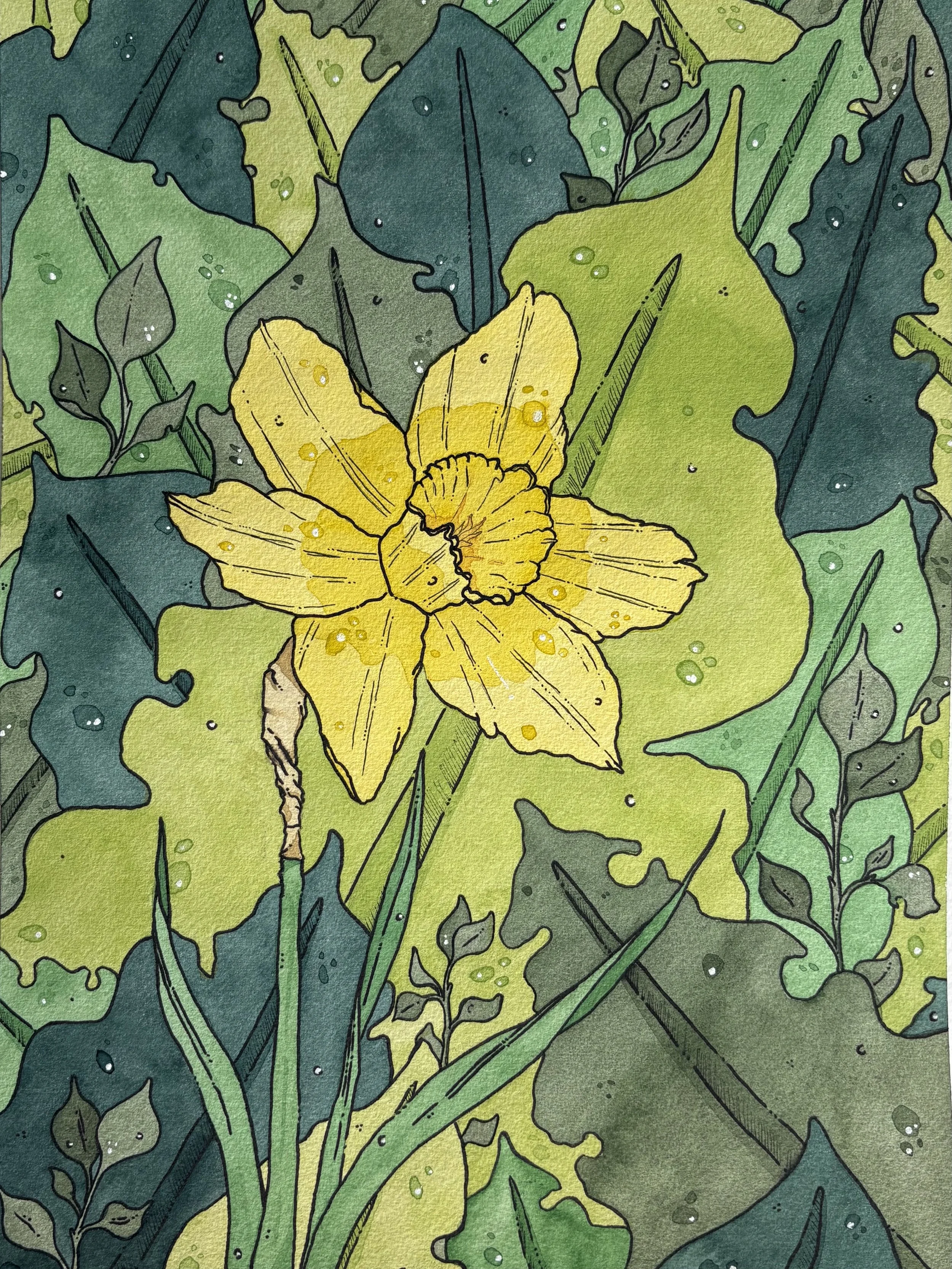 A watercolor painting of a yellow daffodil flower surrounded by various green leaves with water droplets on them.