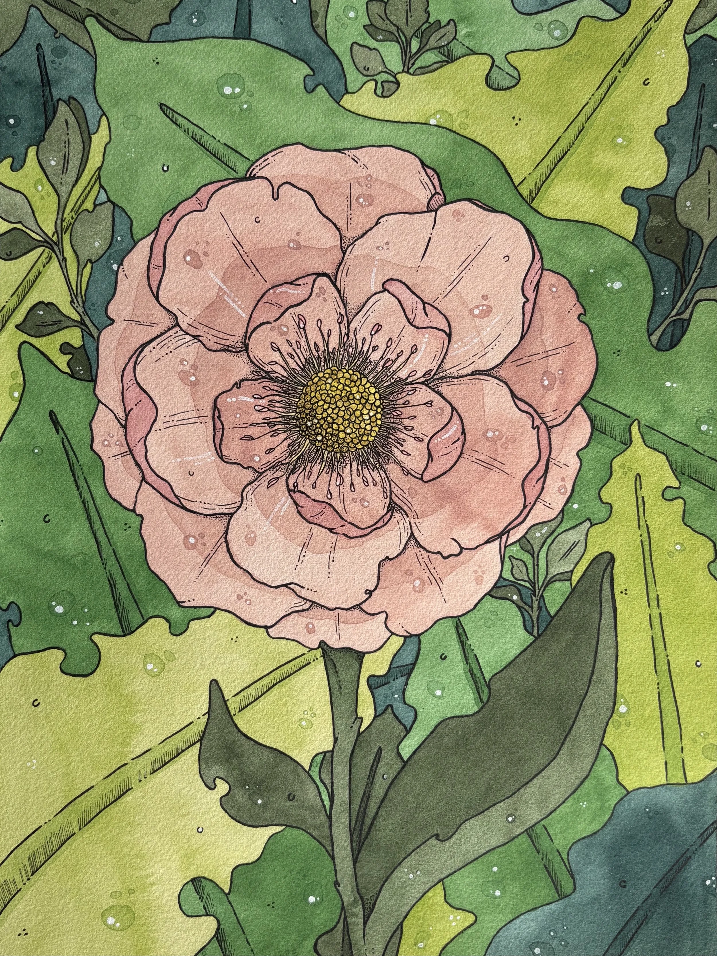 A watercolor illustration of a pink poppy flower surrounded by green leaves.
