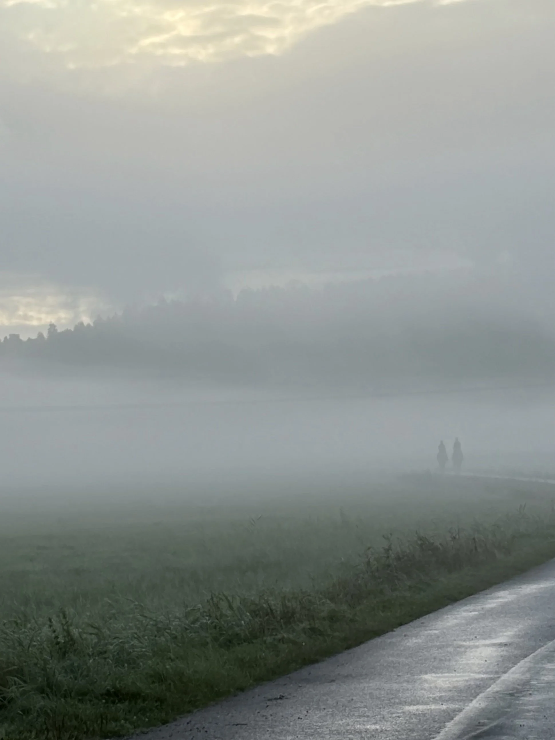 A foggy landscape with a dirt or gravel road in the foreground, green grass on the sides, and a distant silhouette of two people riding horses in the fog, with an overcast sky and trees barely visible in the background.