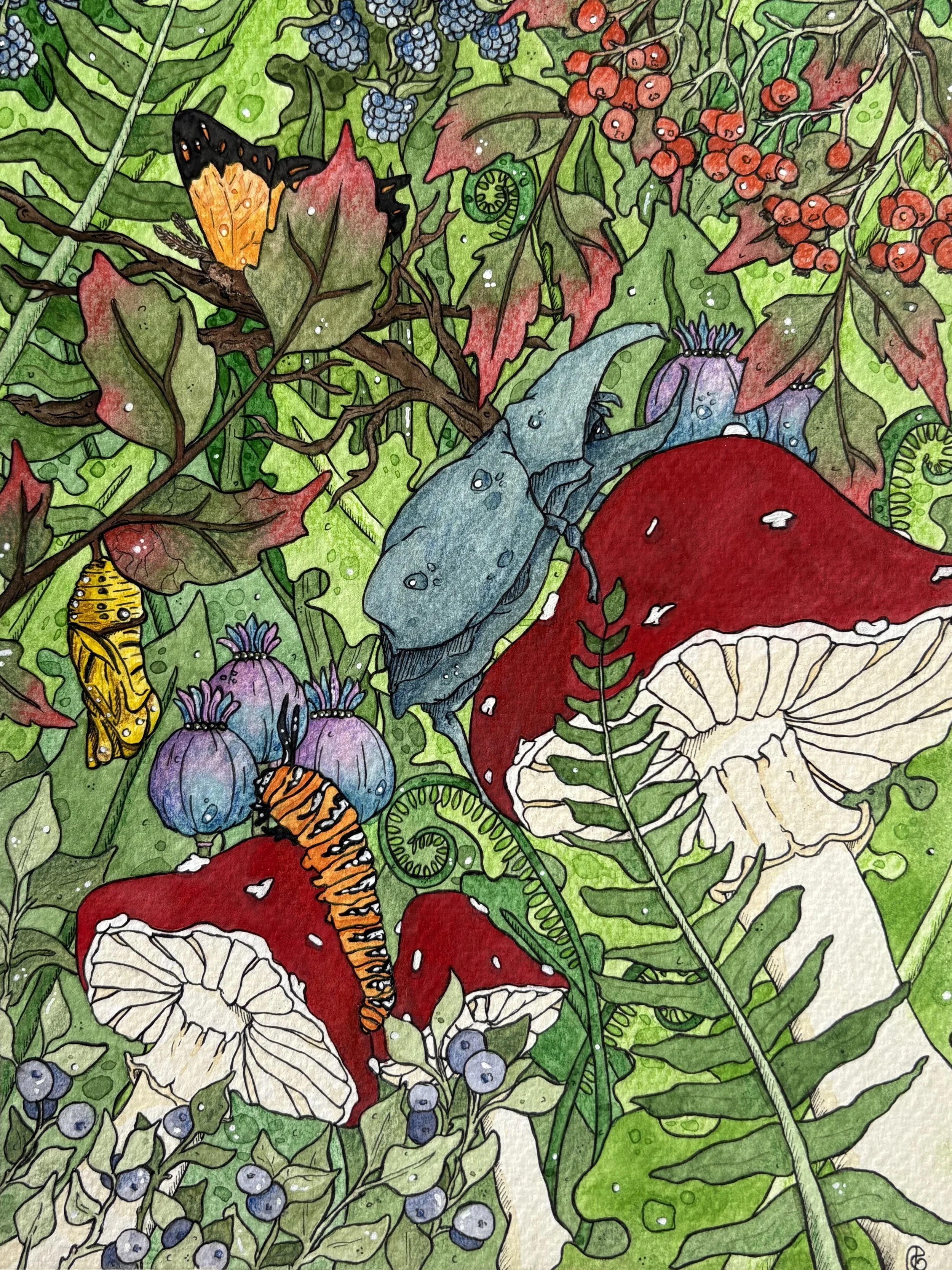 A watercolor painting of a nature scene with various plants, leaves, berries, a butterfly, a caterpillar, a snail, and mushrooms.