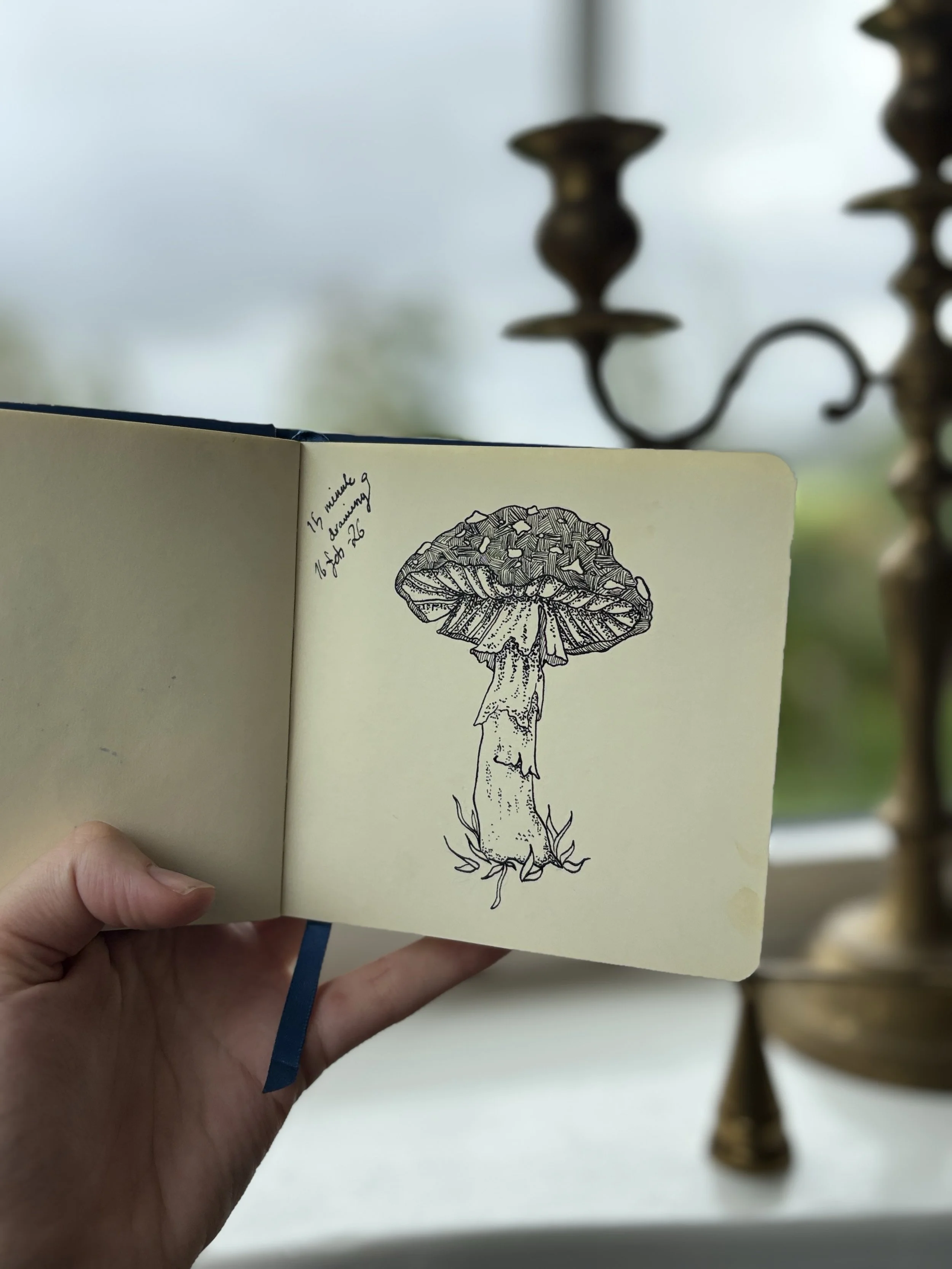 A hand holding an open sketchbook with a detailed black and white drawing of a mushroom. The drawing includes notes that say "15 minute" and are partially visible.