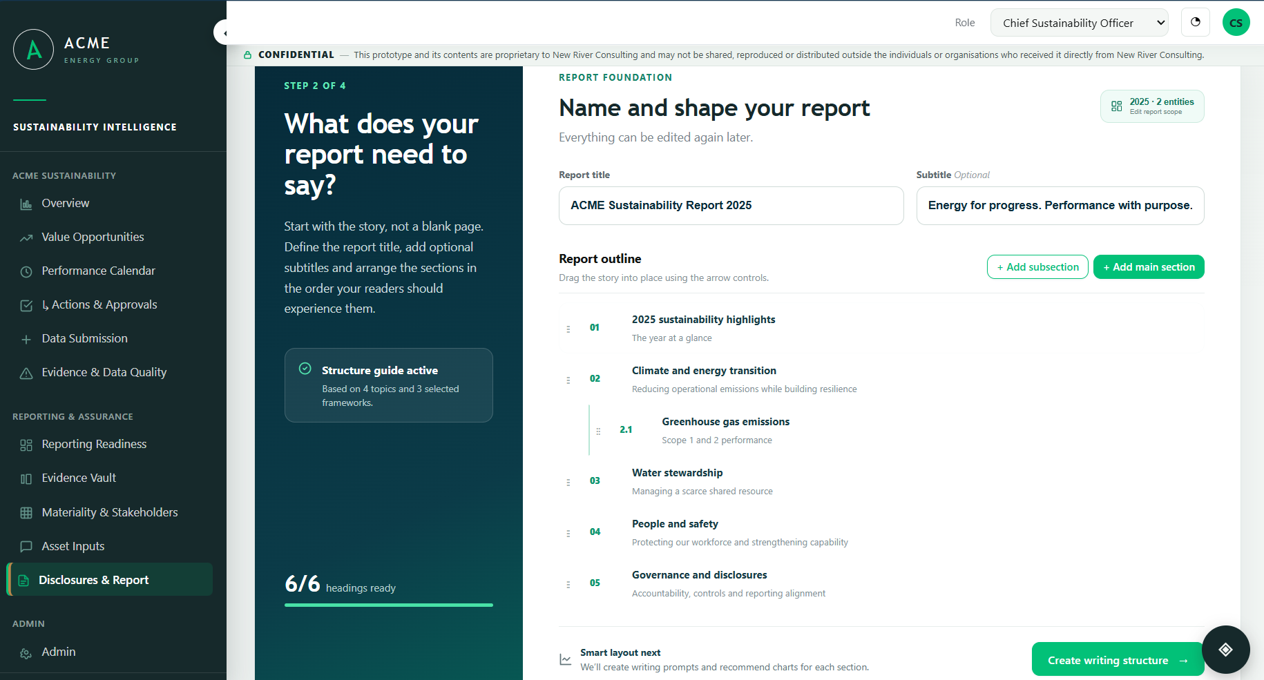 Screenshot of a computer screen displaying a sustainability report editing interface with a sidebar menu on the left, a main content area in the center, and options to add subsections and main sections on the right. The report is titled 'ACME Sustainability Report 2025' with a subtitle 'Energy for progress. Performance with purpose.'