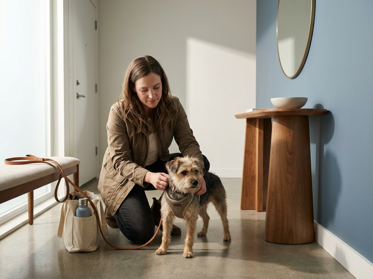 A woman kneels beside a small dog inside a modern, minimalistic home with light-colored walls and a polished floor. She is holding the dog's collar while the dog looks affectionately at her. There is a doorway to the outside near a bench with a tote bag and water bottle, and a wooden side table with a ceramic bowl and a round mirror on the wall.