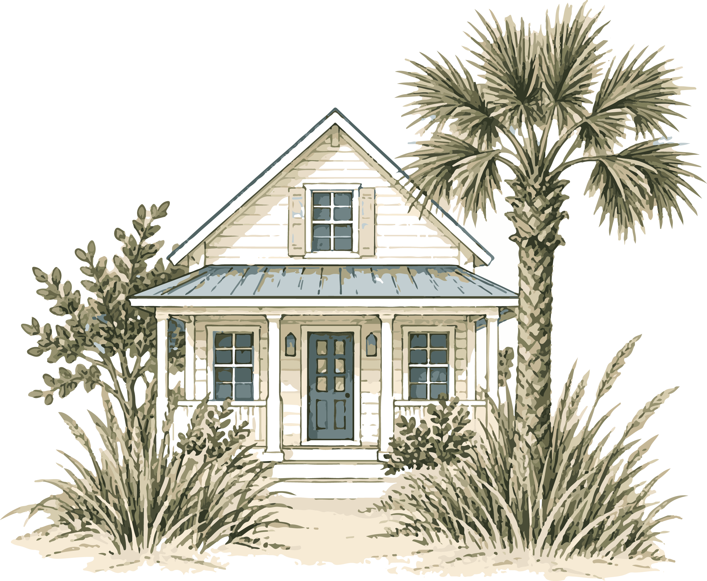Hand drawn coastal home with palm tree.