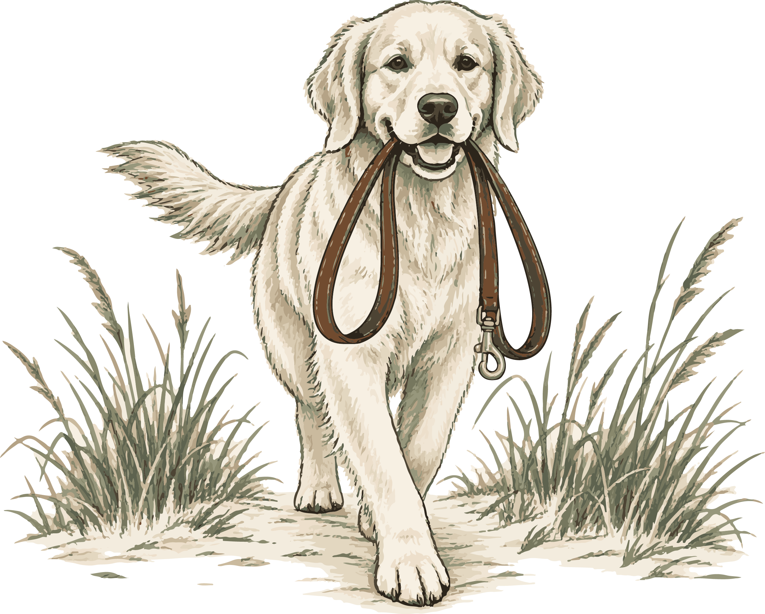 Illustration of a retriever dog with a leash, standing on grass against a black background.
