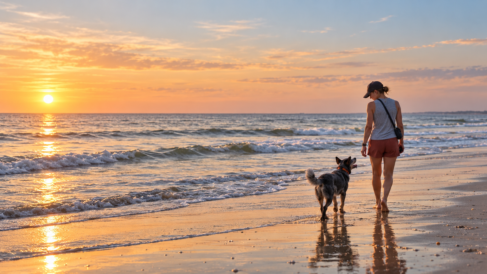 Paige dog walking on the beach at sunset