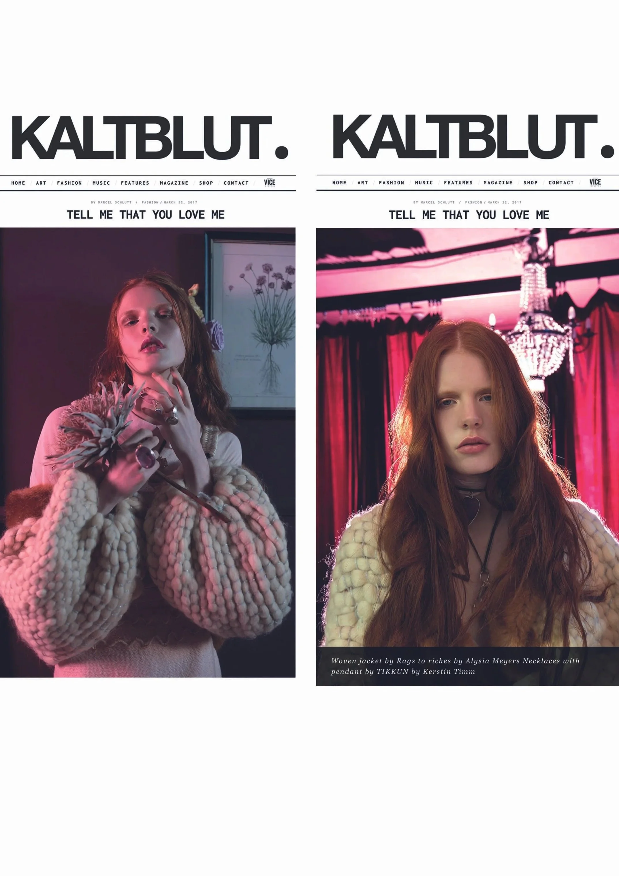 Due fotografie di due modelle che indossano cappotti lavorati a maglia. La prima modella ha i capelli corti e ricci, indossa un cappotto oversize a maglia ruvida beige, tiene un mazzo di fiori secchi e si trova in un ambiente con decorazioni floreali