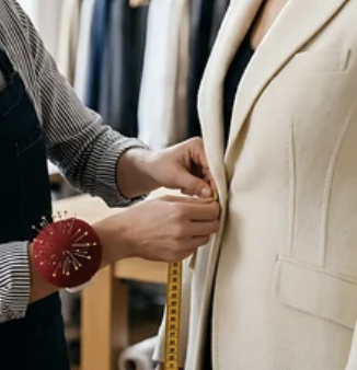 Una persona che prende le misure di una giacca bianca in un negozio di abbigliamento.
