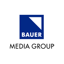 Logo for Bauer Media Group i blått og hvitt.