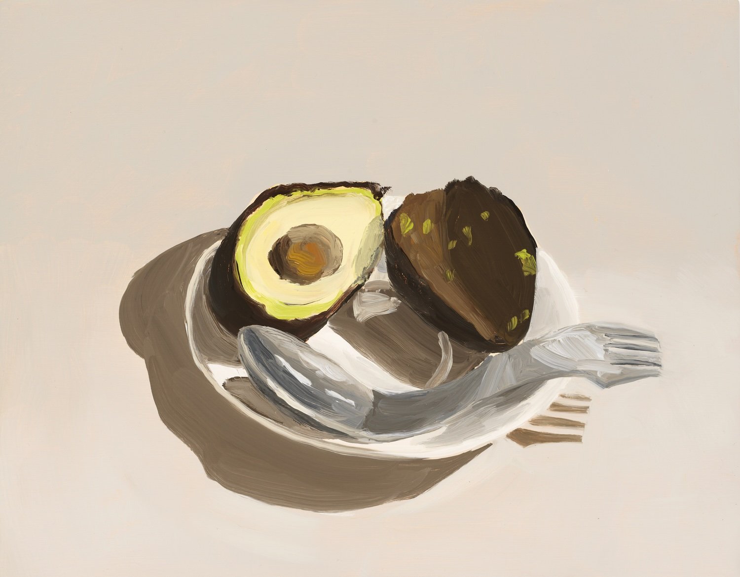   Avocado Half with Spork , 2019, oil on panel, 11" x 14" 