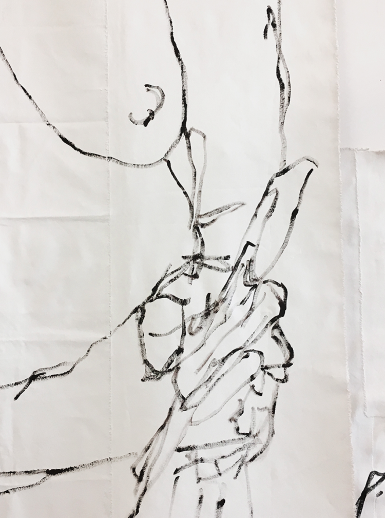  Wall of Women , Detail, 2017, drawing Installation comprised of 8 drawings, acrylic on unstretched, gessoed canvas, 15' x 13' x 4', 2017 