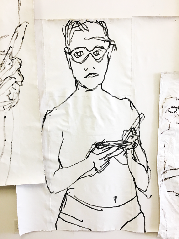   Wall of Women , Detail, 2017, drawing Installation comprised of 8 drawings, acrylic on unstretched, gessoed canvas, 15' x 13' x 4', 2017 