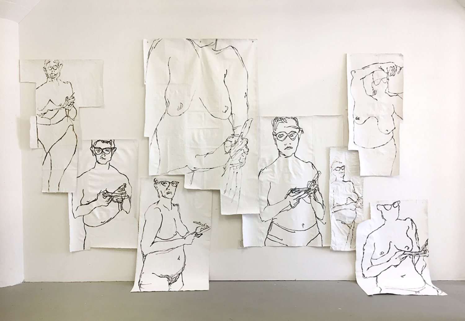   Wall of Women , 2017, drawing Installation comprised of 8 drawings, acrylic on unstretched, gessoed canvas, 15' x 13' x 4', 2017 