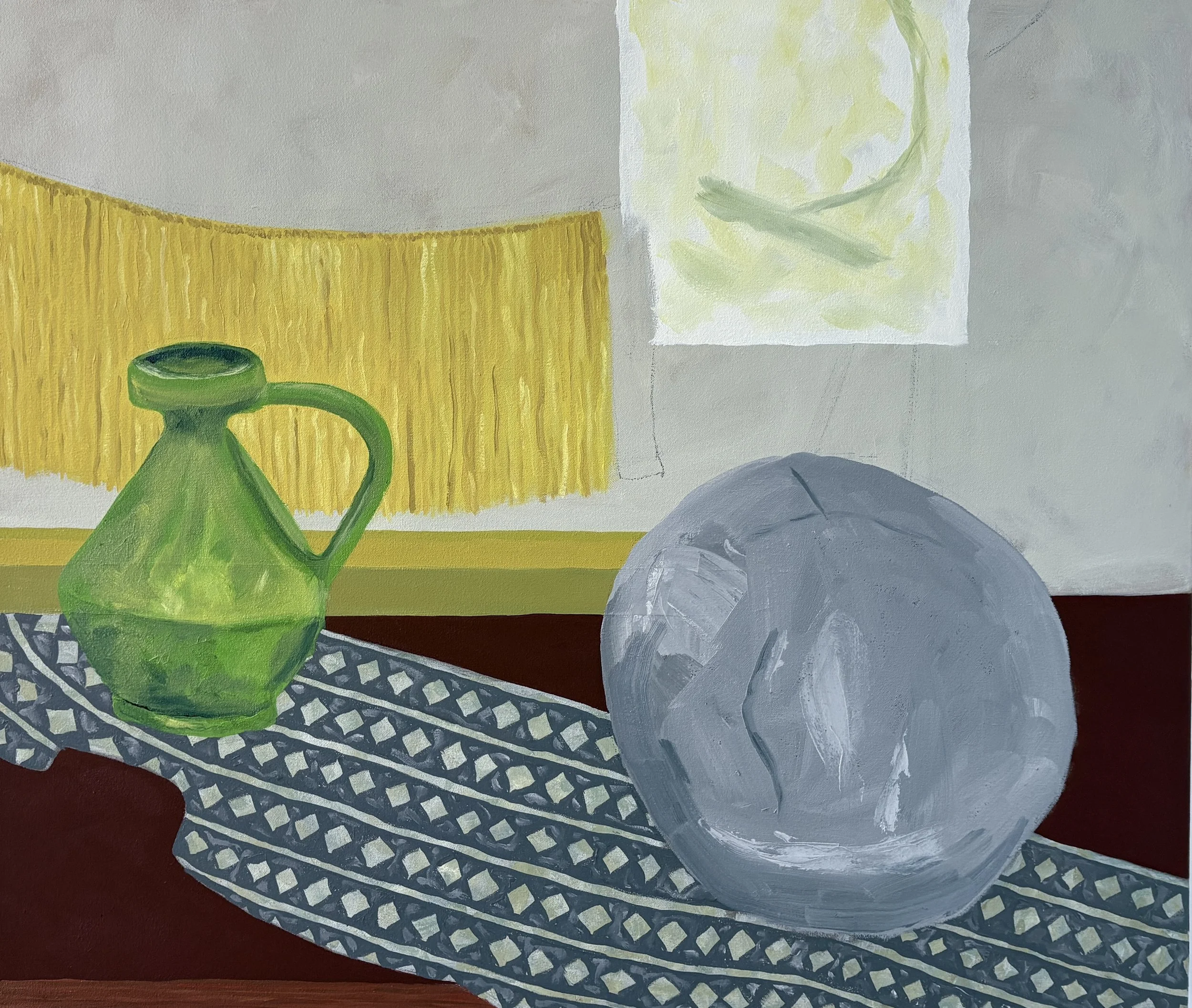   What is happening now 3 , 2026, oil on canvas, 28" x 33" Work in Progress 