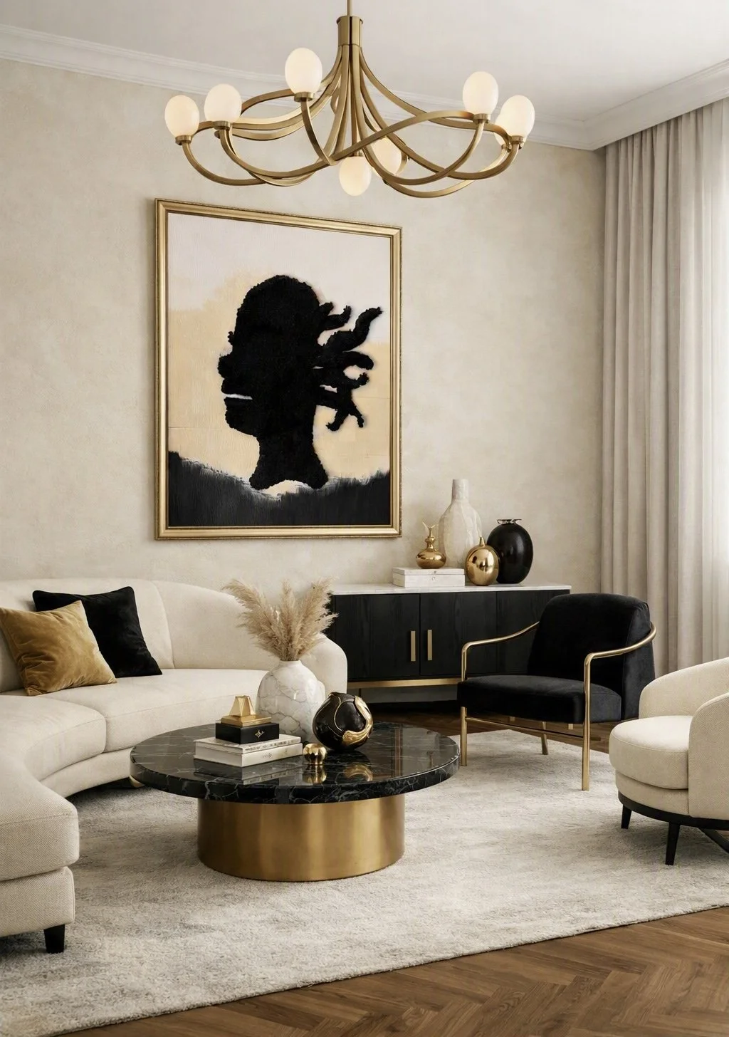A modern living room with white seating, black and gold pillows, a round black marble coffee table with a gold base, and decorative vases. A large framed artwork featuring a silhouette of a woman with dreadlocks hangs above a black sideboard. Gold and black vases are placed on the sideboard. The room has a gold chandelier and beige curtains.
