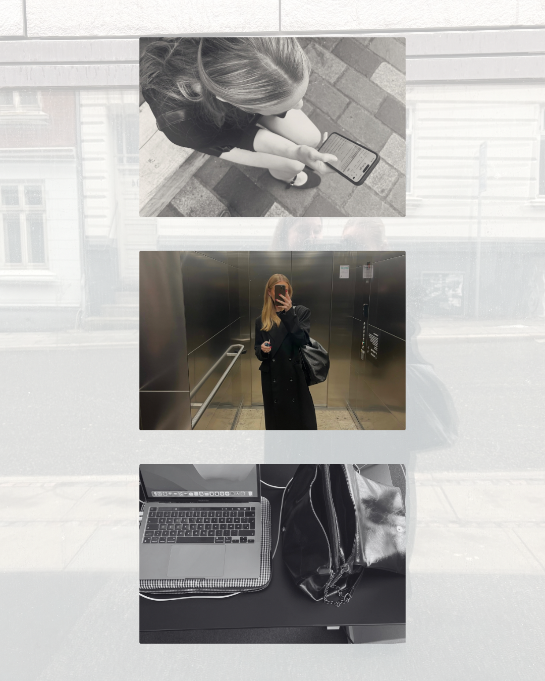 En ung kvinde tager selfie i en elevator, ser ind i kameraet, og en anden person lægger et foto op, en bærbar computer og en taske på et bord.