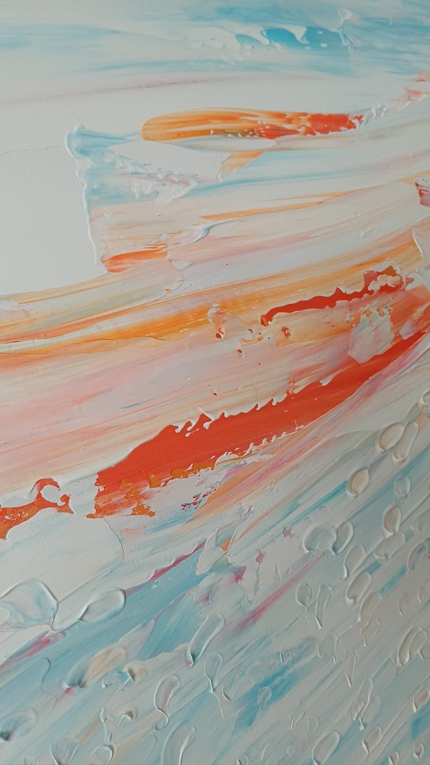 Close-up detail of Held showing warm orange sunlight reflected through layered blue and white paint