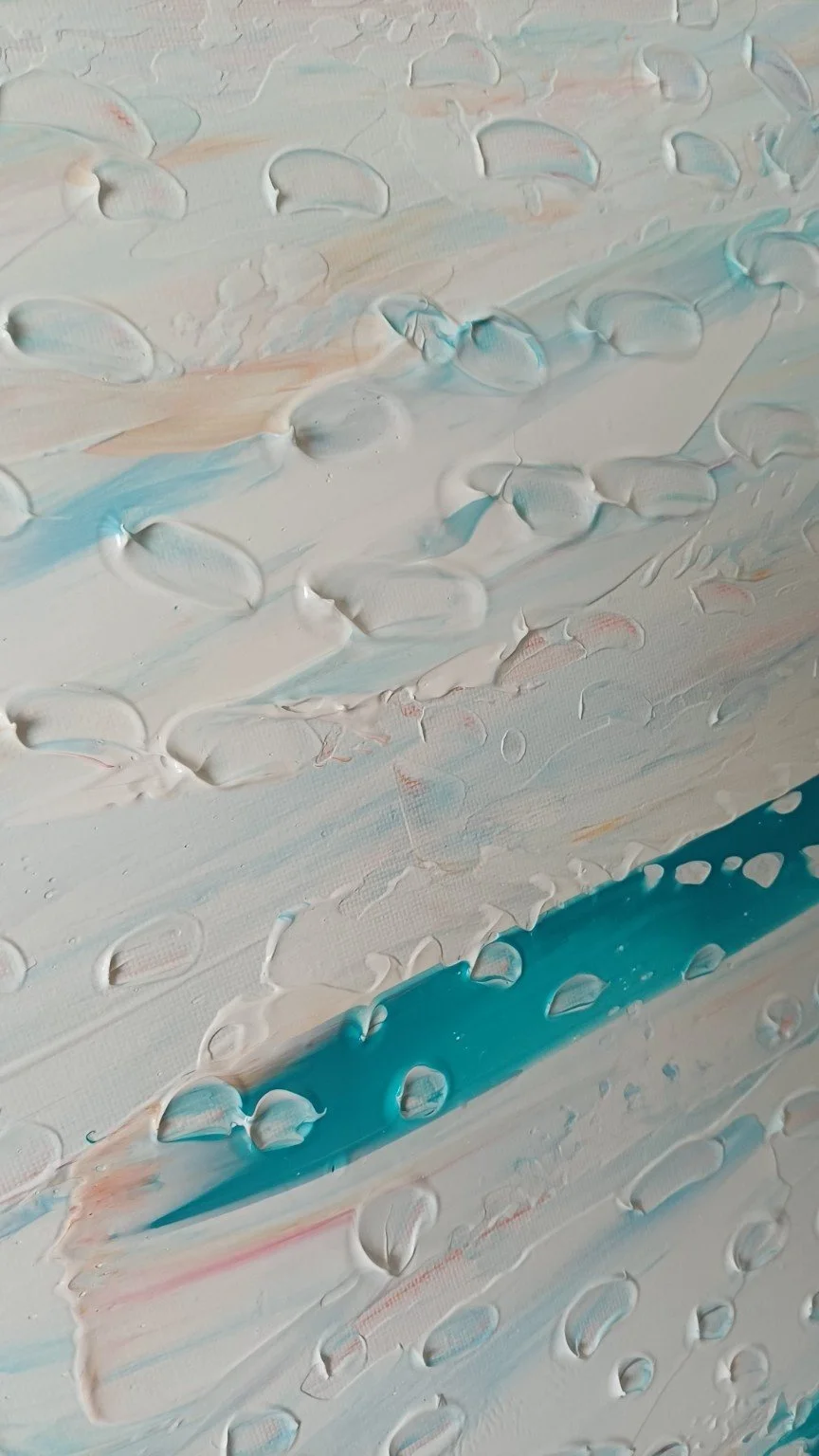 Close-up detail of Held showing layered blue, turquoise and white acrylic paint