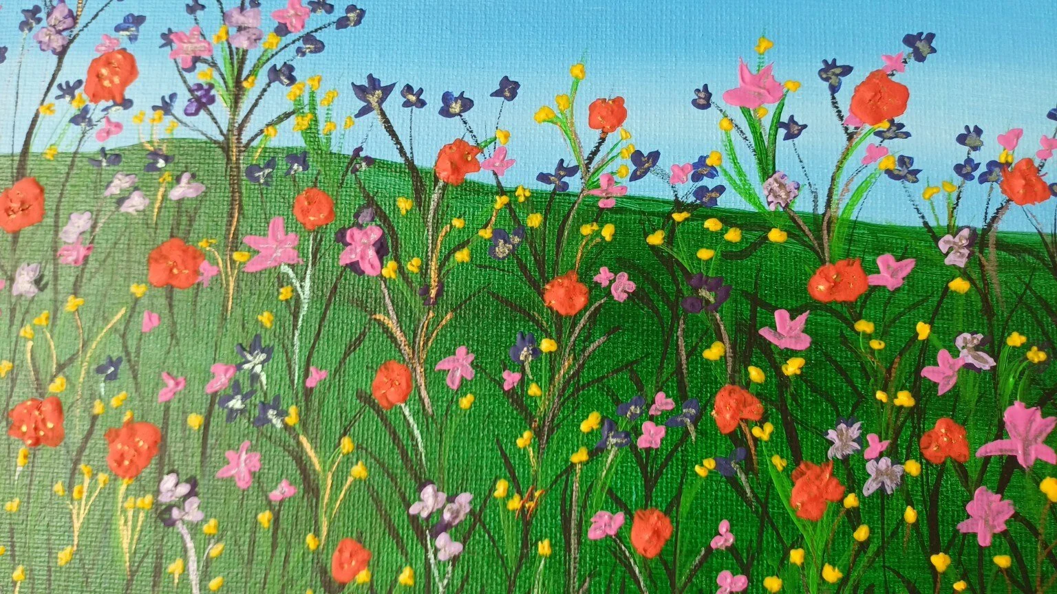 Close-up detail of Wildflower Blossom by Deirdre Burton, showing colourful wildflowers against a blue sky