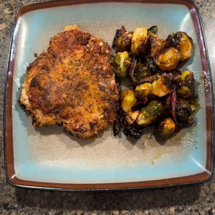 Crispy pork chops with honey sriracha brussel sprouts