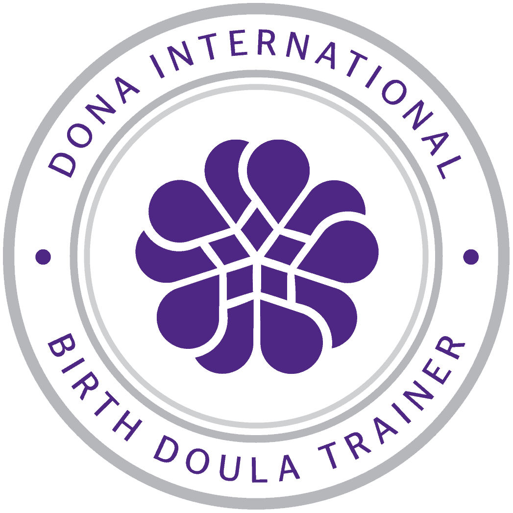 Logo of the Birth Doula Training by Donna International, featuring a purple floral emblem surrounded by black and gray text.