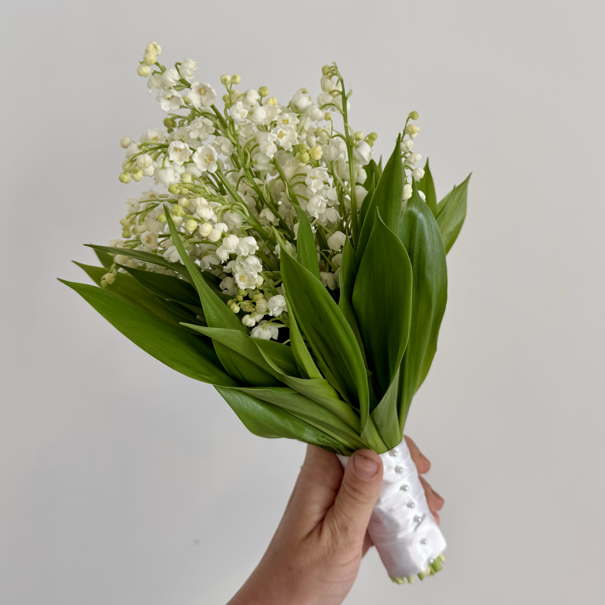 Hand holding a bouquet of white lily of the valley flowers with green leaves against a plain light gray background.