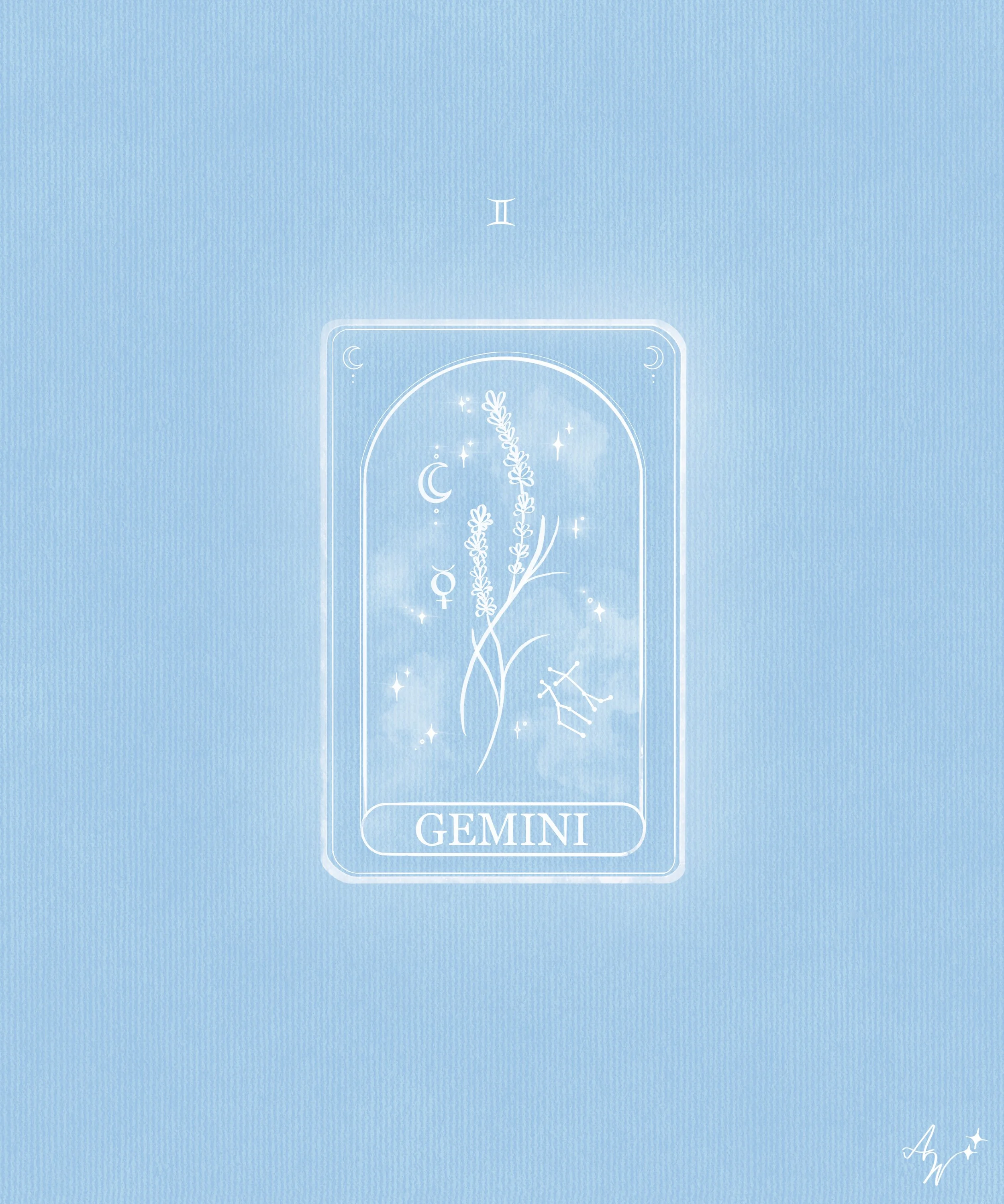 A tarot card with drawing of lavender flowers, moons, stars, and cosmic symbols, labeled 'GEMINI' at the bottom against a light blue textured background.