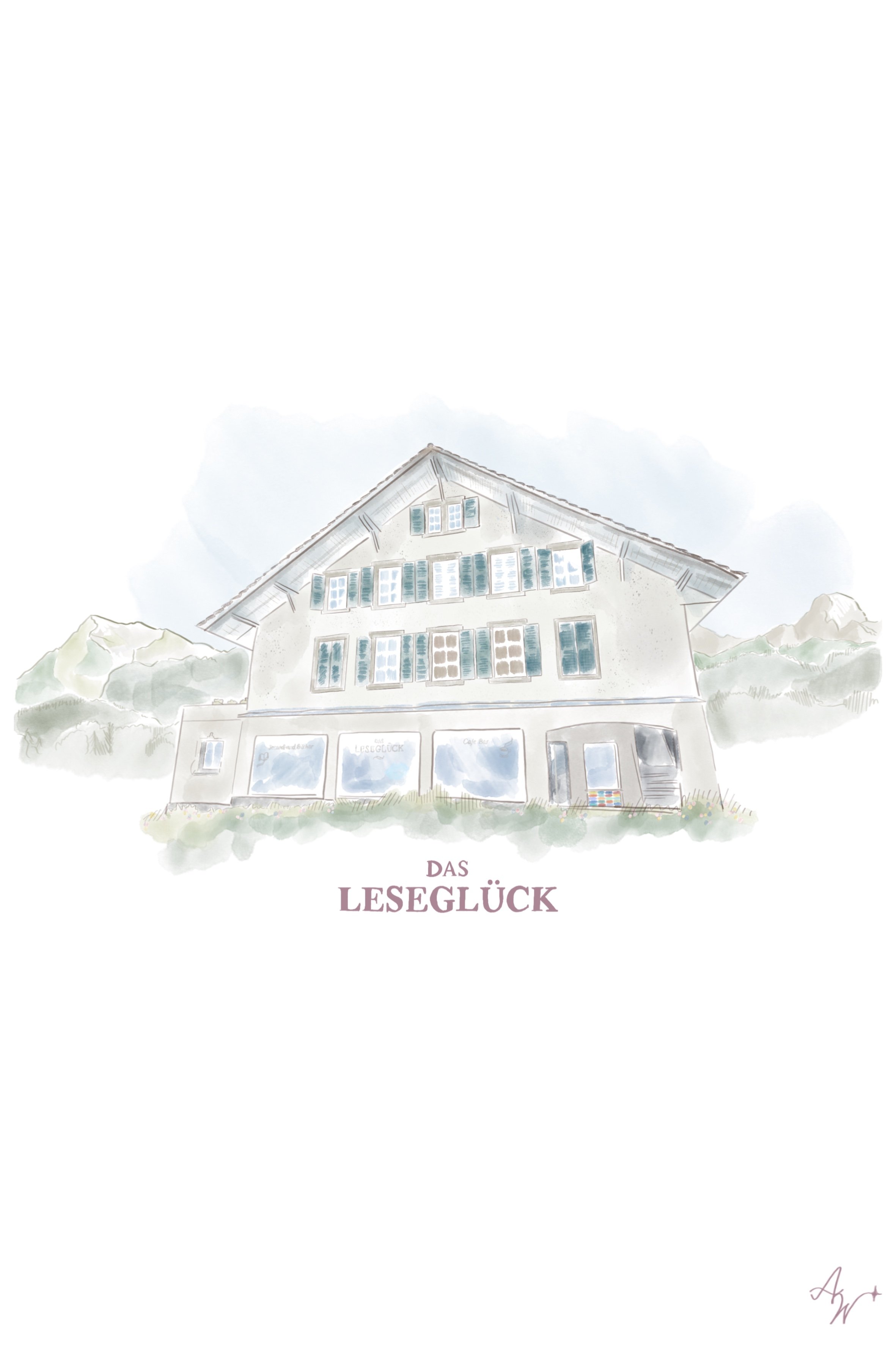 A watercolor illustration of a traditional German-style building called Das Leseglück, with multiple windows and a sign on the ground floor, set against a backdrop of mountains and trees.