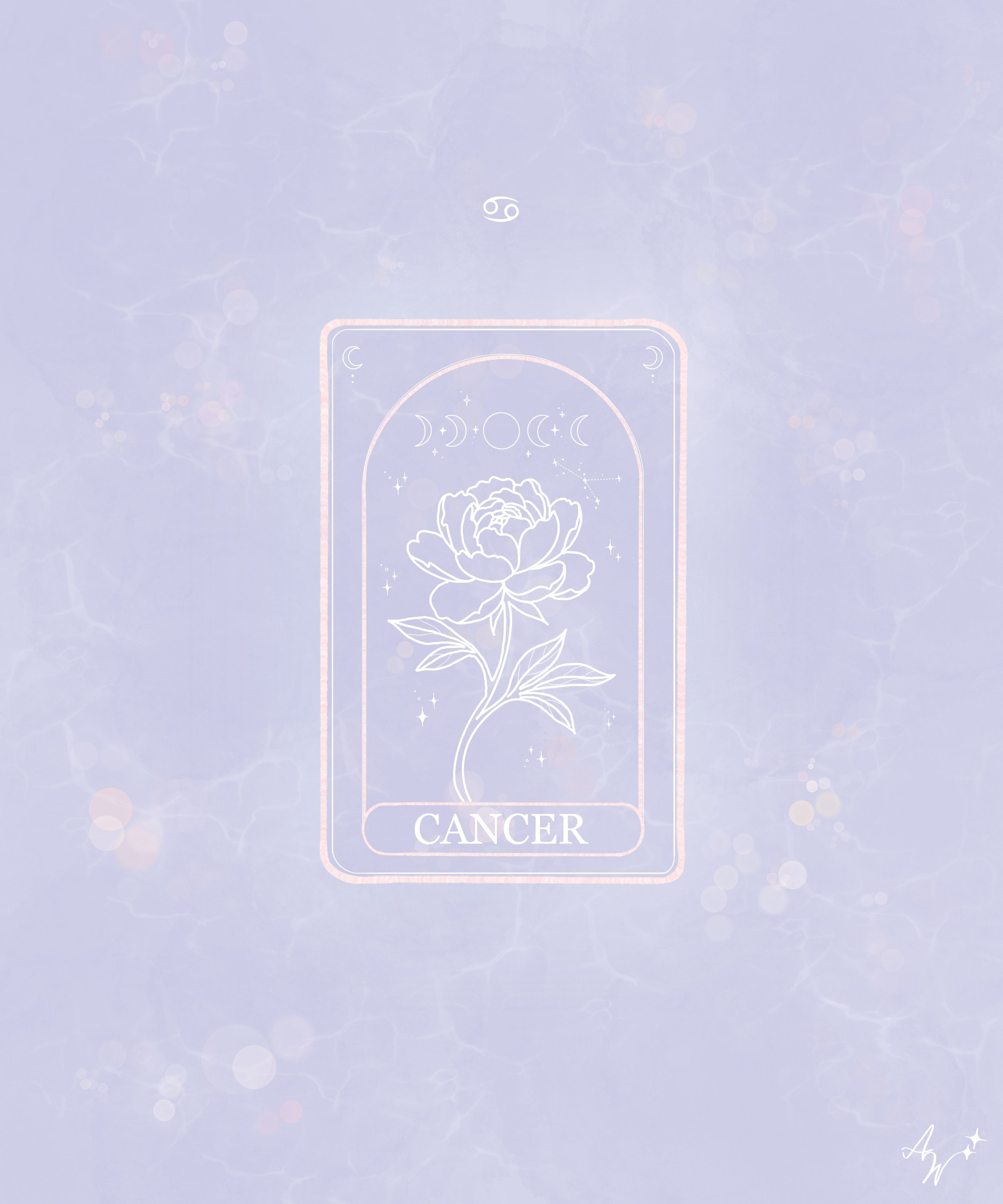 A digital illustration representing the zodiac sign Cancer. The background is a light purple with subtle glow effects. In the center, a tarot card or similar illustration features a large rose at the bottom, with the moon phases and celestial symbols