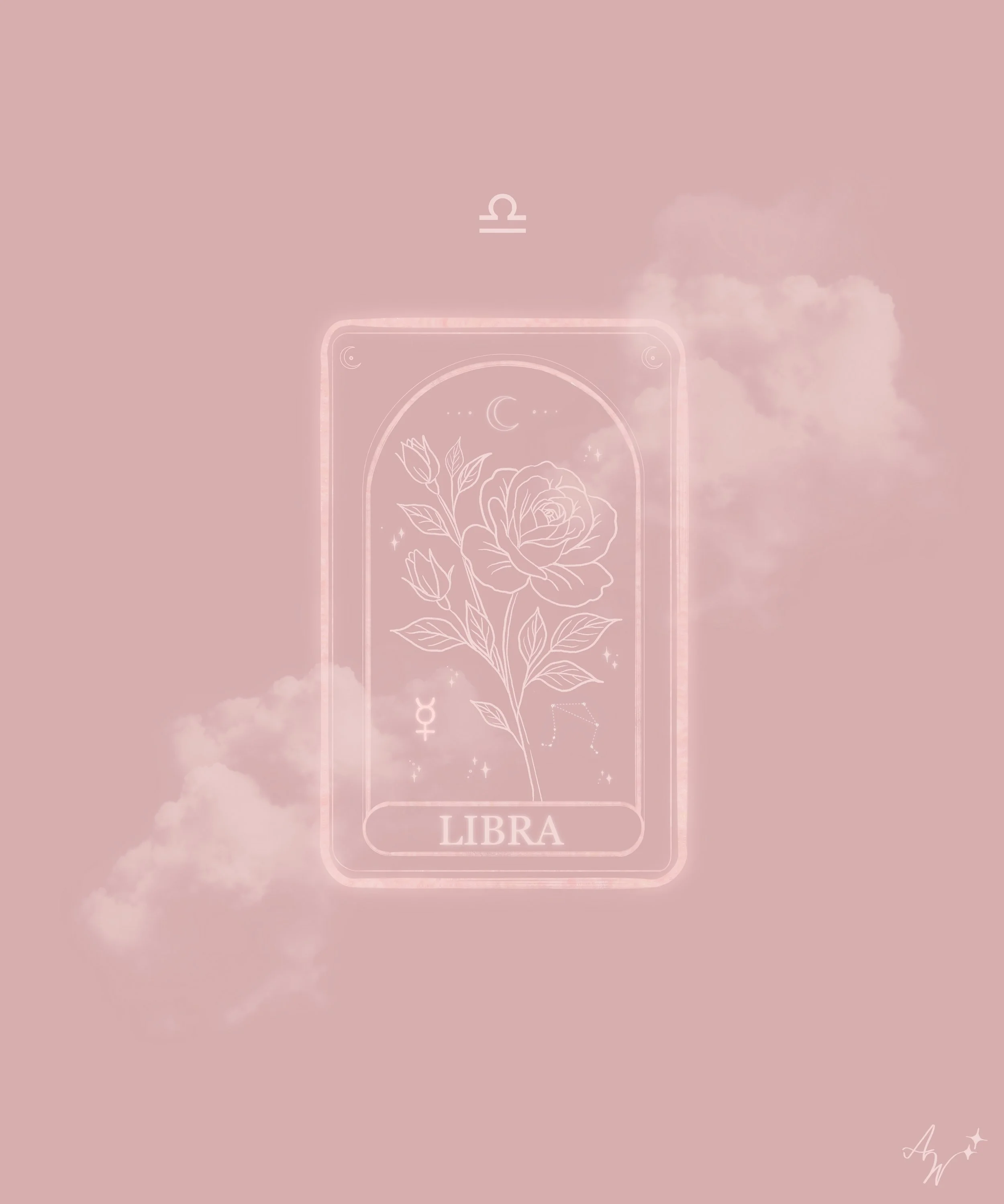 A pink background with a transparent outline of a zodiac sign book cover featuring a rose botanical illustration, the Libra symbol, and the word "LIBRA".