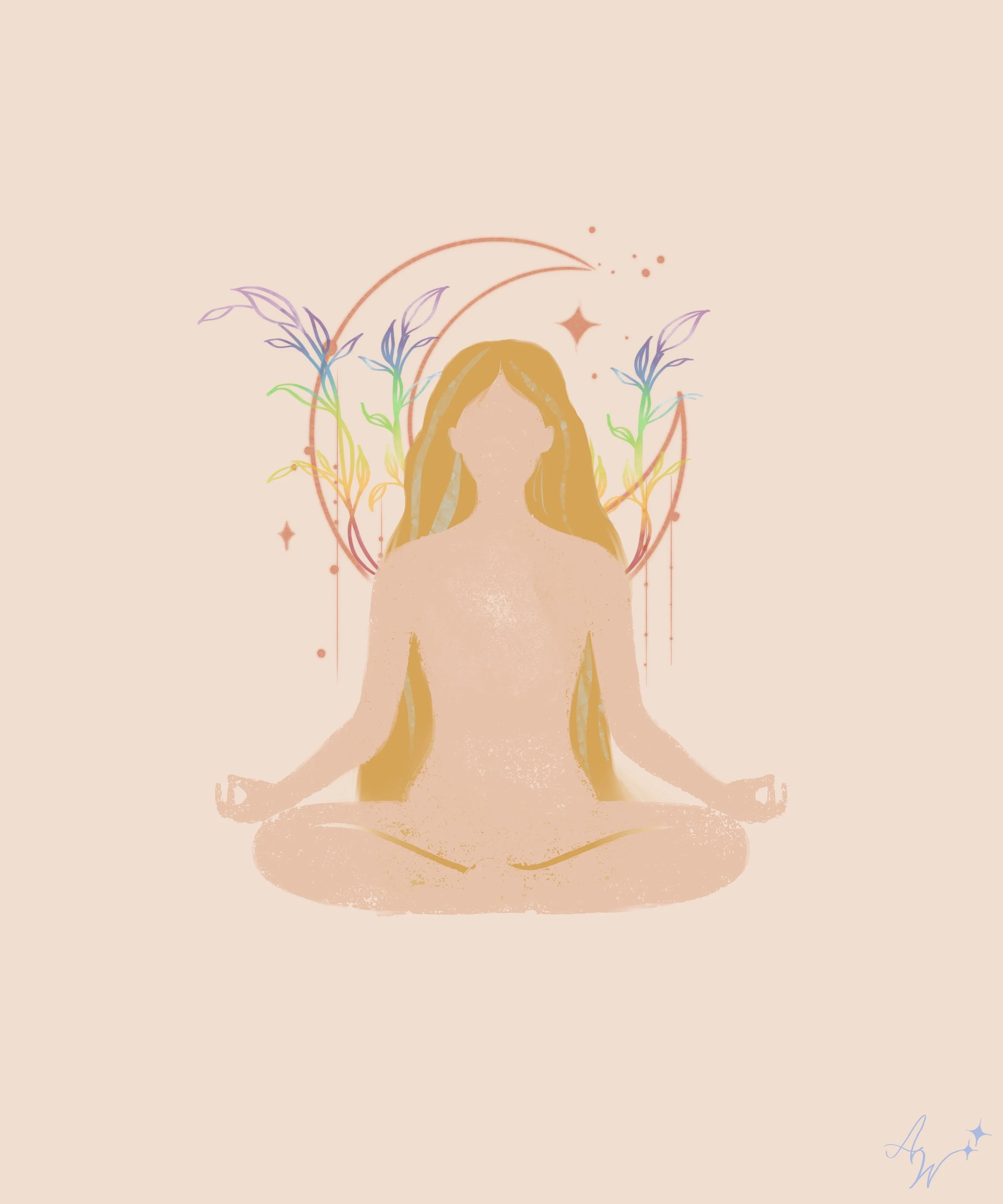 A minimalist digital illustration of a woman with long hair in a meditation pose, surrounded by colorful botanical elements and celestial symbols on a beige background.