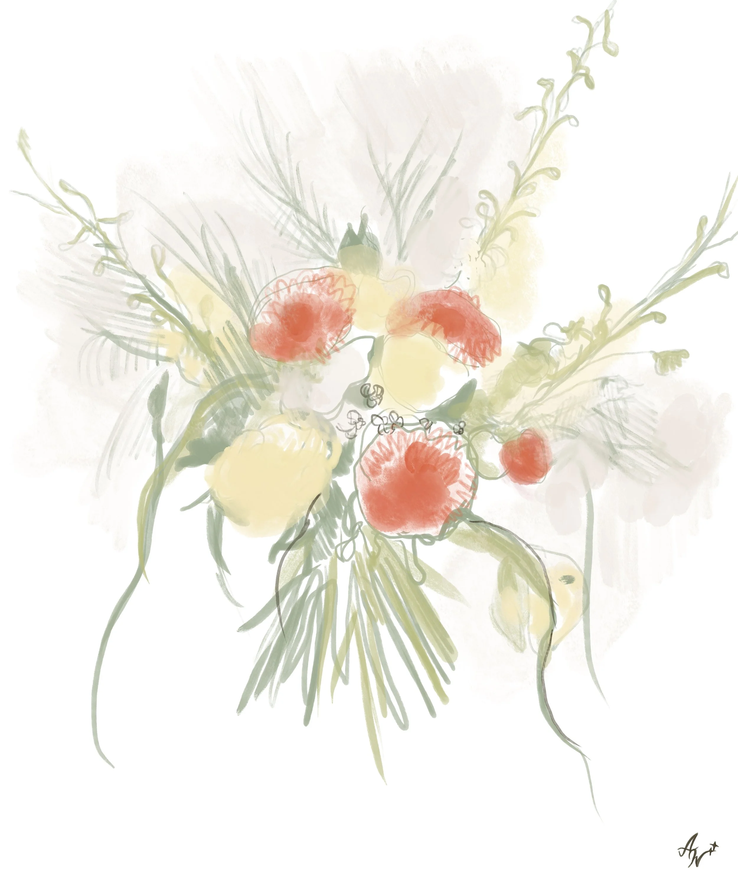 A watercolor illustration of a small bird perched among a bouquet of red poppies and yellow wildflowers, with light green foliage and stems.