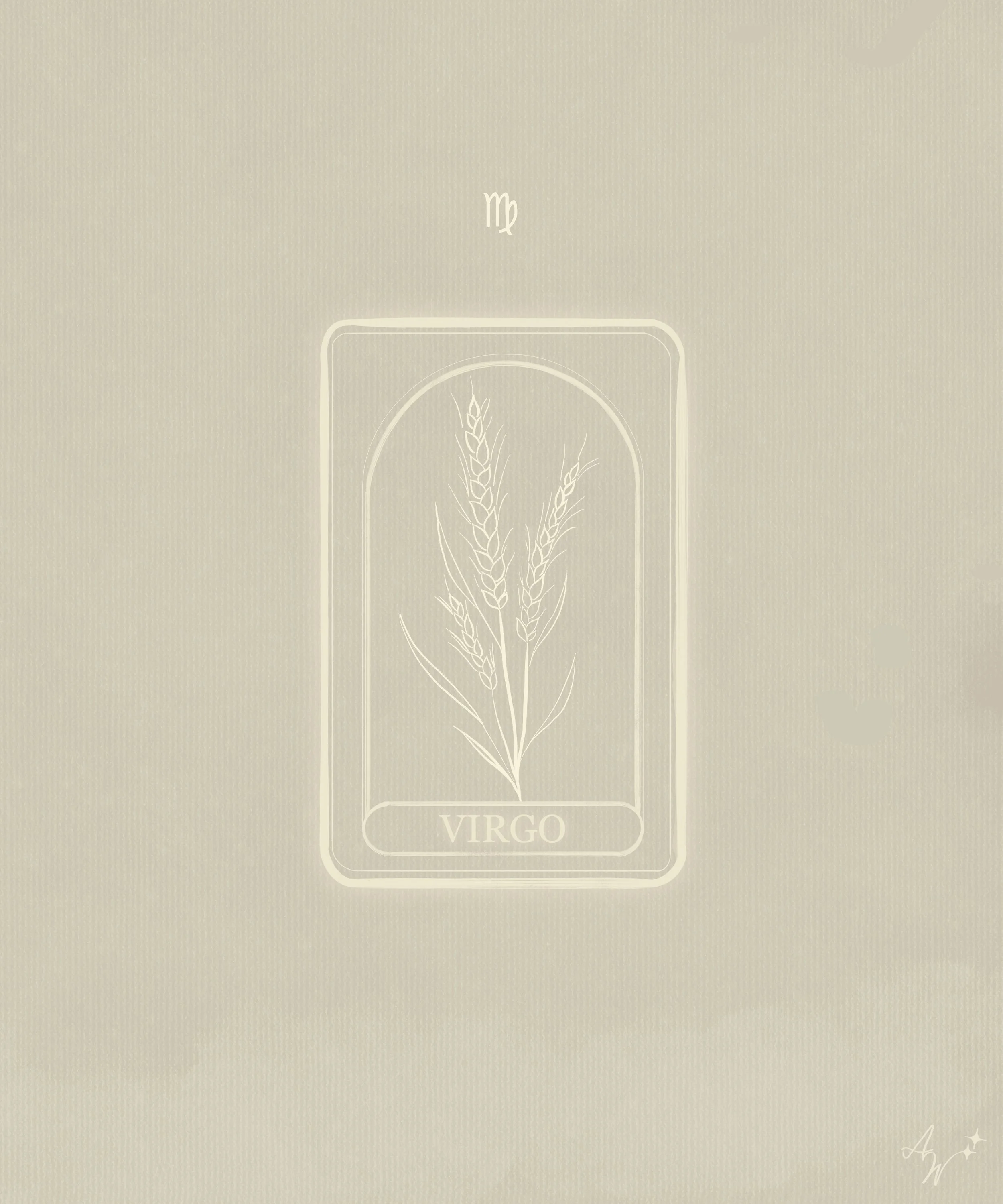 A light-colored background with a tarot card featuring an illustration of wheat inside an oval frame. The card displays the word 'VIRGO' at the bottom and has an 'm' symbol above the illustration.